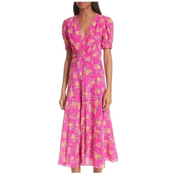 Saloni Lea Silk Pink Floral Button-Front Midi Dress Puff Sleeves US 0 Feminine - Picture 9 of 16